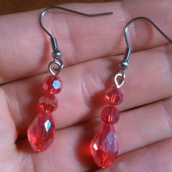 Beveled Red Glass Three Stone Silvertone and Stainless Steel Dangle Earrings - Picture 11 of 11